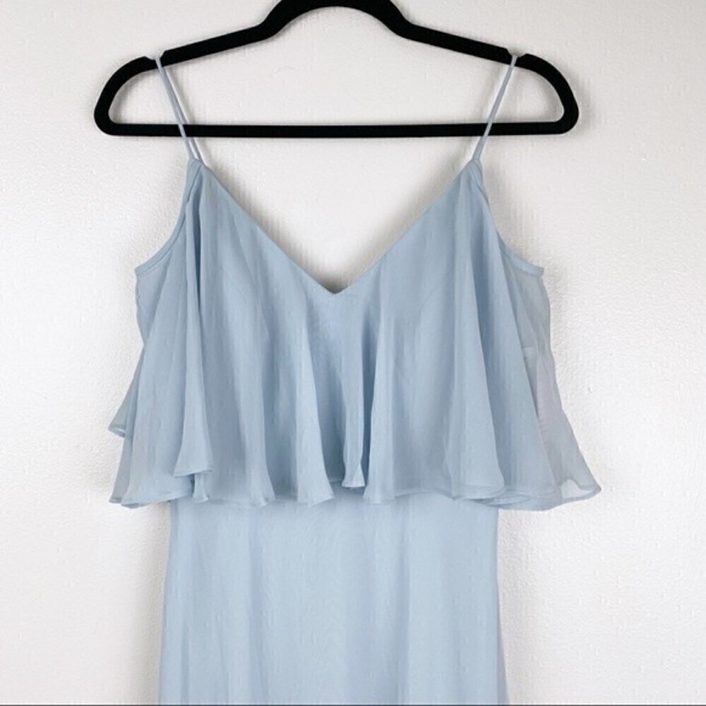 Jenny Packham Cold Shoulder Chiffon Ruffle Maxi Gown Light Blue Size 2 Nwt — image 3 of 8